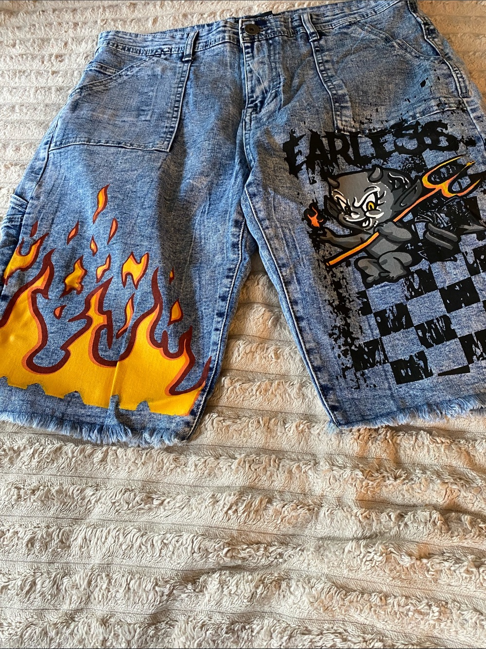 NWOT, Graphic Flame Denim Shorts with Devil Print